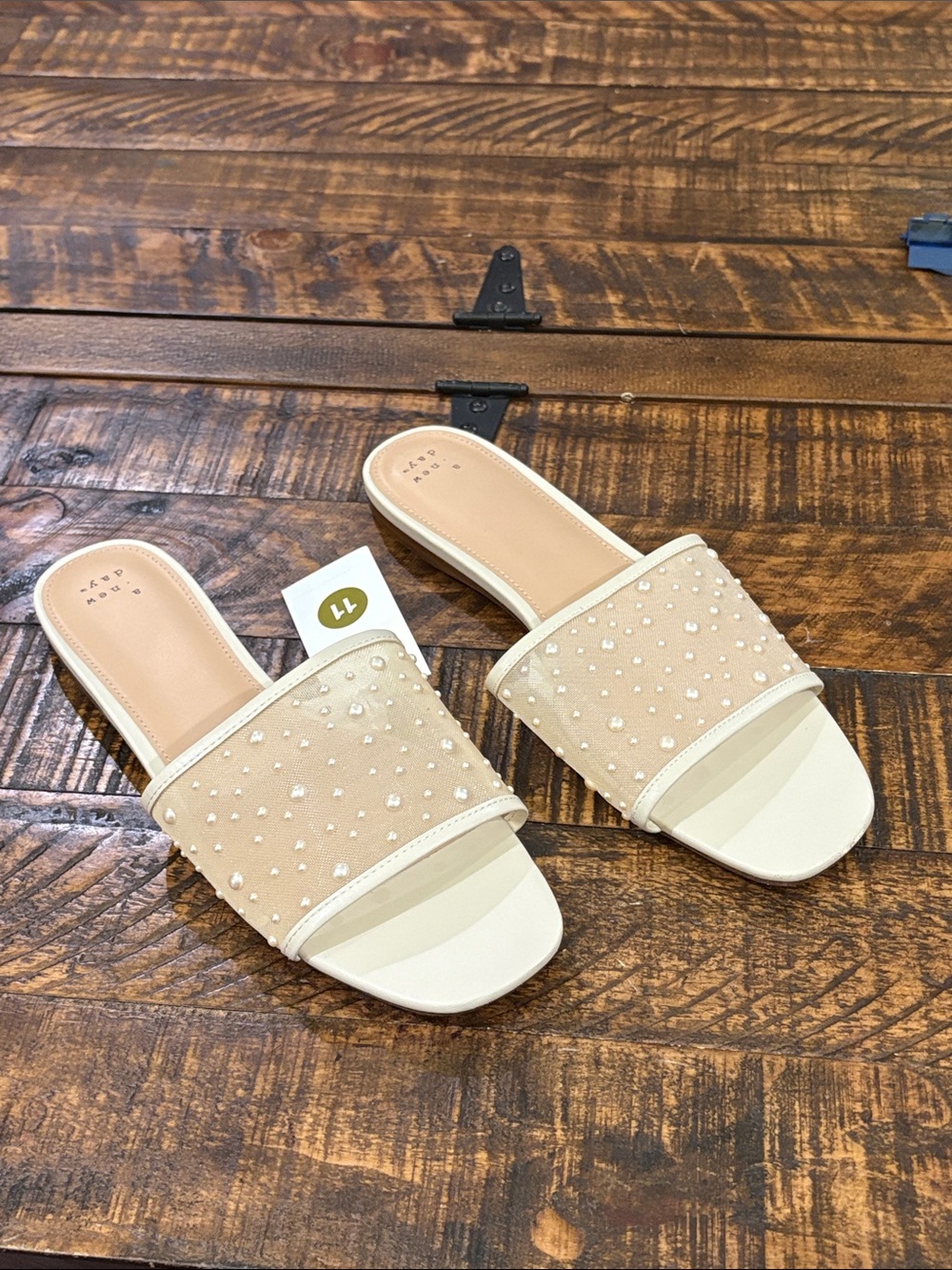 Beaded pearl Slide Sandals in Beige by a new day